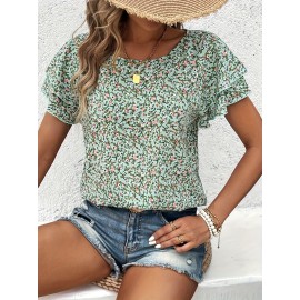 Blusa de verão feminina com estampa floral de dupla manga - Gola redonda casual, manga curta, camisa de poliéster leve para piscina e vestuário casual, blusa de senhora