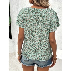 Blusa de verão feminina com estampa floral de dupla manga - Gola redonda casual, manga curta, camisa de poliéster leve para piscina e vestuário casual, blusa de senhora