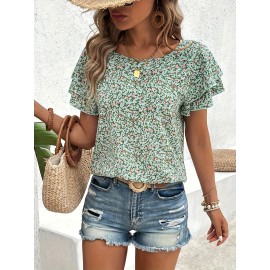 Blusa de verão feminina com estampa floral de dupla manga - Gola redonda casual, manga curta, camisa de poliéster leve para piscina e vestuário casual, blusa de senhora