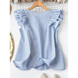 Camisa Casual de Verão Feminina com Listras, Decote em V e Mangas Capuz