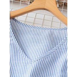 Camisa Casual de Verão Feminina com Listras, Decote em V e Mangas Capuz
