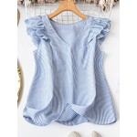 Camisa Casual de Verão Feminina com Listras, Decote em V e Mangas Capuz