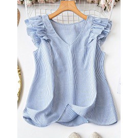 Camisa Casual de Verão Feminina com Listras, Decote em V e Mangas Capuz