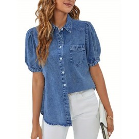 Camisa de denim feminina, estilo casual para trabalho, com botões, mangas bufantes e tops de verão.