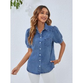Camisa de denim feminina, estilo casual para trabalho, com botões, mangas bufantes e tops de verão.