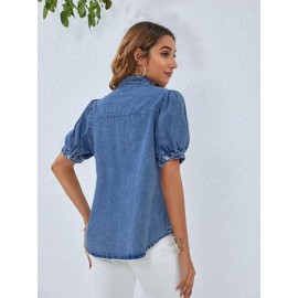 Camisa de denim feminina, estilo casual para trabalho, com botões, mangas bufantes e tops de verão.