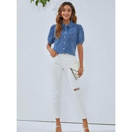 Camisa de denim feminina, estilo casual para trabalho, com botões, mangas bufantes e tops de verão.
