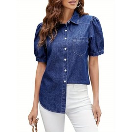 Camisa de denim feminina, estilo casual para trabalho, com botões, mangas bufantes e tops de verão.