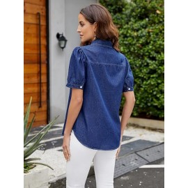Camisa de denim feminina, estilo casual para trabalho, com botões, mangas bufantes e tops de verão.