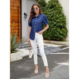 Camisa de denim feminina, estilo casual para trabalho, com botões, mangas bufantes e tops de verão.