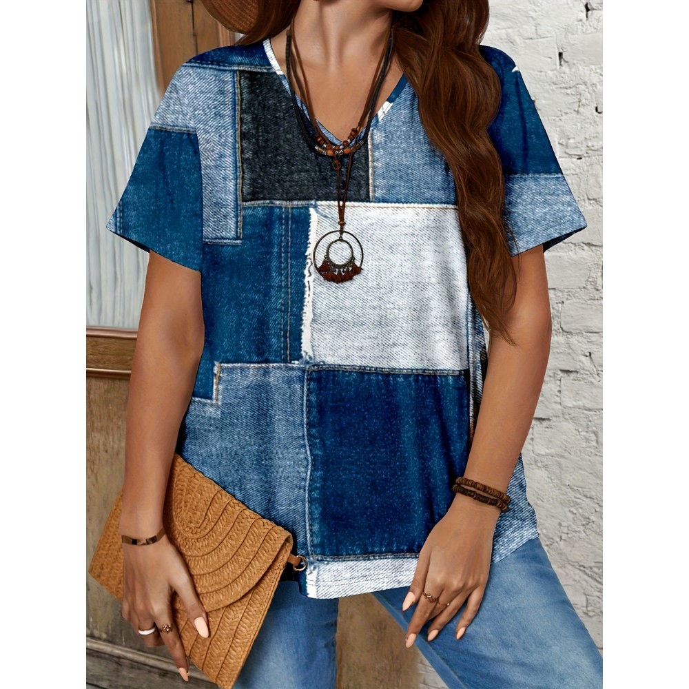 T-shirt de manga curta com decote em V geométrico em patchwork para mulher