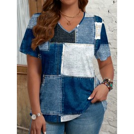 T-shirt de manga curta com decote em V geométrico em patchwork para mulher