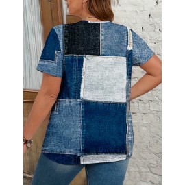 T-shirt de manga curta com decote em V geométrico em patchwork para mulher