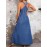 Vestido elegante de corte V para mulher - Tecido de imitação de denim azul claro, corte em A fluido, perfeito para primavera/verão, para uso casual a semi-formal, vestido de verão casual | Vestido de corte V | Textura