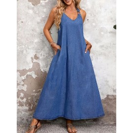 Vestido elegante de corte V para mulher - Tecido de imitação de denim azul claro, corte em A fluido, perfeito para primavera/verão, para uso casual a semi-formal, vestido de verão casual | Vestido de corte V | Textura