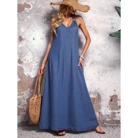 Vestido elegante de corte V para mulher - Tecido de imitação de denim azul claro, corte em A fluido, perfeito para primavera/verão, para uso casual a semi-formal, vestido de verão casual | Vestido de corte V | Textura