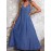 Vestido elegante de corte V para mulher - Tecido de imitação de denim azul claro, corte em A fluido, perfeito para primavera/verão, para uso casual a semi-formal, vestido de verão casual | Vestido de corte V | Textura