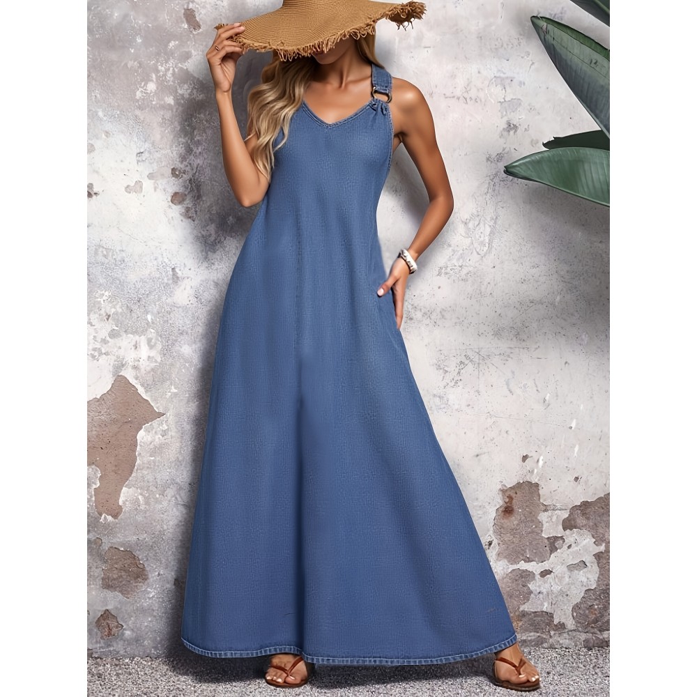 Vestido elegante de corte V para mulher - Tecido de imitação de denim azul claro, corte em A fluido, perfeito para primavera/verão, para uso casual a semi-formal, vestido de verão casual | Vestido de corte V | Textura