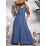 Vestido elegante de corte V para mulher - Tecido de imitação de denim azul claro, corte em A fluido, perfeito para primavera/verão, para uso casual a semi-formal, vestido de verão casual | Vestido de corte V | Textura