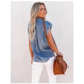 Jaqueta Jeans Azul Claro Feminina - Elegante Manga Curta com Bolsos Duplos, Abotoadura na Frente, Detalhe de Aba, Mistura, Roupa Externa de Verão para Looks Casuais ou Formais, Jaqueta Jeans de Manga Curta