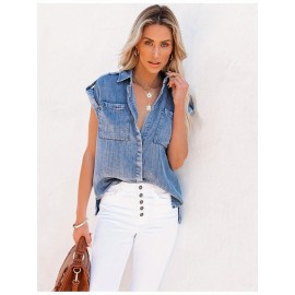 Jaqueta Jeans Azul Claro Feminina - Elegante Manga Curta com Bolsos Duplos, Abotoadura na Frente, Detalhe de Aba, Mistura, Roupa Externa de Verão para Looks Casuais ou Formais, Jaqueta Jeans de Manga Curta