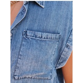 Jaqueta Jeans Azul Claro Feminina - Elegante Manga Curta com Bolsos Duplos, Abotoadura na Frente, Detalhe de Aba, Mistura, Roupa Externa de Verão para Looks Casuais ou Formais, Jaqueta Jeans de Manga Curta