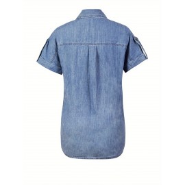 Jaqueta Jeans Azul Claro Feminina - Elegante Manga Curta com Bolsos Duplos, Abotoadura na Frente, Detalhe de Aba, Mistura, Roupa Externa de Verão para Looks Casuais ou Formais, Jaqueta Jeans de Manga Curta