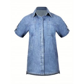 Jaqueta Jeans Azul Claro Feminina - Elegante Manga Curta com Bolsos Duplos, Abotoadura na Frente, Detalhe de Aba, Mistura, Roupa Externa de Verão para Looks Casuais ou Formais, Jaqueta Jeans de Manga Curta