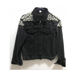 Jaqueta Feminina Primavera/Outono - Gola e Punhos com Detalhes de Pérola Preta, Corte Solto, Manga Longa Casual Chic para Primavera/Outono, Tecido Texturizado