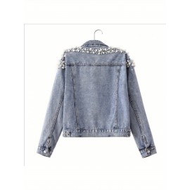Jaqueta Feminina Primavera/Outono - Gola e Punhos com Detalhes de Pérola Preta, Corte Solto, Manga Longa Casual Chic para Primavera/Outono, Tecido Texturizado