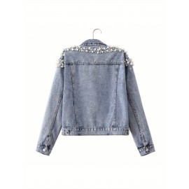 Jaqueta Feminina Primavera/Outono - Gola e Punhos com Detalhes de Pérola Preta, Corte Solto, Manga Longa Casual Chic para Primavera/Outono, Tecido Texturizado