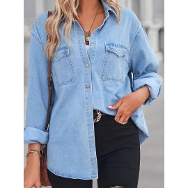 Camisa Jeans Feminina Casual em Azul Claro Confortável e Ajustada, com Design Estiloso - Nova Camisa de Denim de Alta Qualidade para Ocasiões Casuais e Versátil para Looks Informais