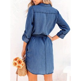 Vestido de ganga elegante para mulheres com gola de lapela e botões à frente, mangas compridas, cintura franzida e detalhe de laço - Adequado para primavera/outono, estilo casual chic, uso casual chic | Vestido com botões à frente | Tecido não elástico