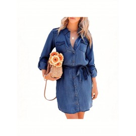 Vestido de ganga elegante para mulheres com gola de lapela e botões à frente, mangas compridas, cintura franzida e detalhe de laço - Adequado para primavera/outono, estilo casual chic, uso casual chic | Vestido com botões à frente | Tecido não elástico