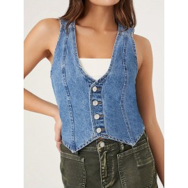 Vestido de denim sem mangas com botões no pescoço, estilo Y2K para o verão, ideal para sair e usar na rua.