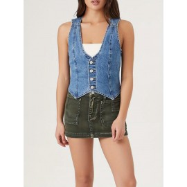 Vestido de denim sem mangas com botões no pescoço, estilo Y2K para o verão, ideal para sair e usar na rua.
