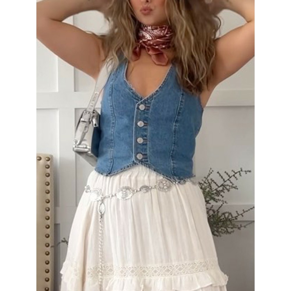 Vestido de denim sem mangas com botões no pescoço, estilo Y2K para o verão, ideal para sair e usar na rua.