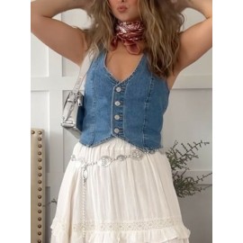 Vestido de denim sem mangas com botões no pescoço, estilo Y2K para o verão, ideal para sair e usar na rua.