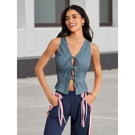 Camiseta de Ganga Feminina com Amarração Frontal, Decote em V e Sem Mangas - Estilo Slim para Verão