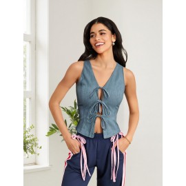 Camiseta de Ganga Feminina com Amarração Frontal, Decote em V e Sem Mangas - Estilo Slim para Verão