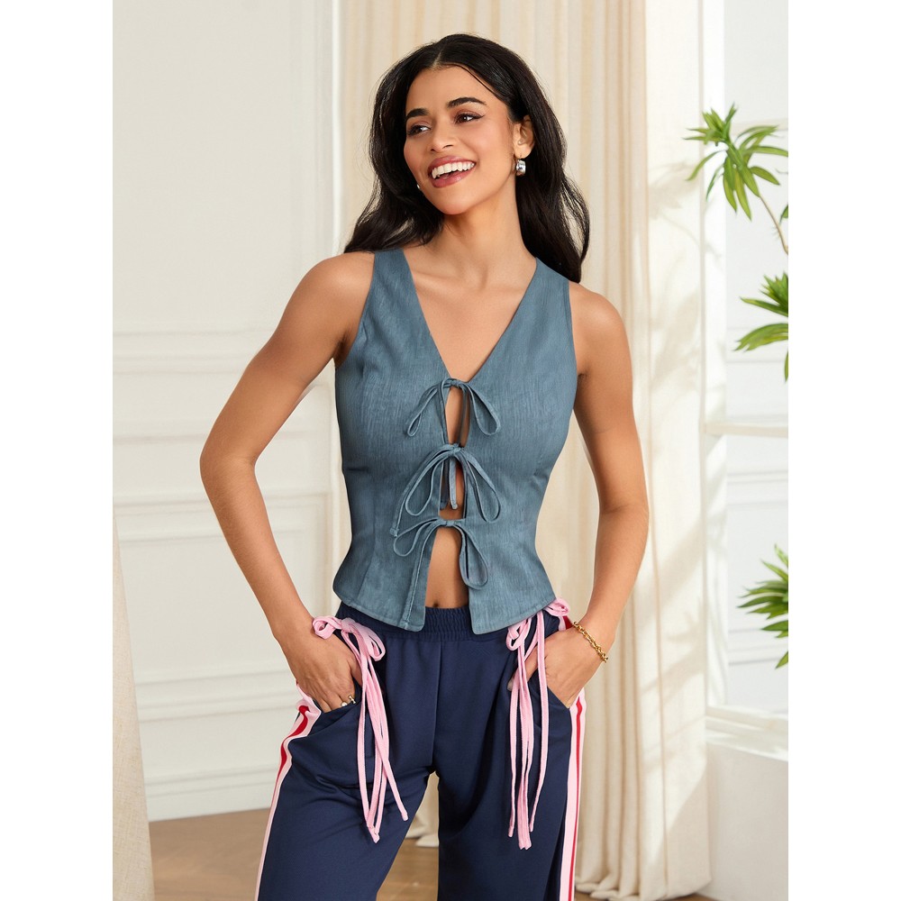 Vestido de ganga com laço na frente para mulheres, slim fit, cor sólida, decote em V, sem mangas, top de tanque de ganga para o verão, estilo streetwear