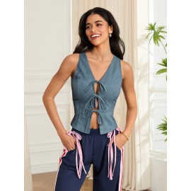 Coletes de Denim Ajustável com Laço Frontal para Mulheres - Top Slim Fit Sem Mangas em V, Cor Sólida, Moda Casual para Primavera/Verão, Lavável à Máquina, Tops de Jeans, Tecido Não Elástico