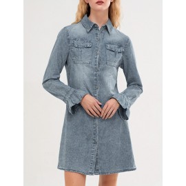 Vestido de Ganga Azul Claro Elegante para Mulheres - Manga Comprida, Colarinho com Abas, Botões na Linha A com Bolsos com Tampa, Casual Mas Estiloso para Todas as Estações, Moda Versátil | Vestido com Botões | Vestido Corte Feito Sob Medida