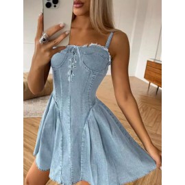 Camisola Sem Mangas Feminina Retrô Estilo Jeans - Cintura Ajustável, Tecido Não Transparente para Noites e Eventos Casuais, Lavável à Máquina & Fácil de Cuidar, Roupa para Mulheres, Design com Cintura Cinchada, Material Médio Elástico