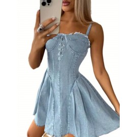 Camisola Sem Mangas Feminina Retrô Estilo Jeans - Cintura Ajustável, Tecido Não Transparente para Noites e Eventos Casuais, Lavável à Máquina & Fácil de Cuidar, Roupa para Mulheres, Design com Cintura Cinchada, Material Médio Elástico