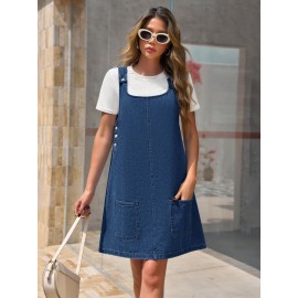 Vestido de Denim Vintage Sem Mangas para Mulheres - Corte Solto com Bolsos Laterais, Alças Ajustáveis & Acabamento em Renda, Vestuário Casual de Verão Lavável à Máquina, Vestidos de Denim, Moda do Dia a Dia, Design Clássico com Cinco Bolsos