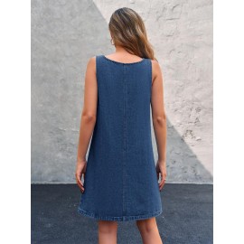 Vestido de Denim Vintage Sem Mangas para Mulheres - Corte Solto com Bolsos Laterais, Alças Ajustáveis & Acabamento em Renda, Vestuário Casual de Verão Lavável à Máquina, Vestidos de Denim, Moda do Dia a Dia, Design Clássico com Cinco Bolsos