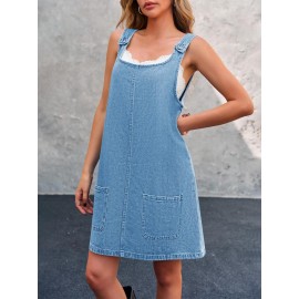 Vestido de Denim Vintage Sem Mangas para Mulheres - Corte Solto com Bolsos Laterais, Alças Ajustáveis & Acabamento em Renda, Vestuário Casual de Verão Lavável à Máquina, Vestidos de Denim, Moda do Dia a Dia, Design Clássico com Cinco Bolsos