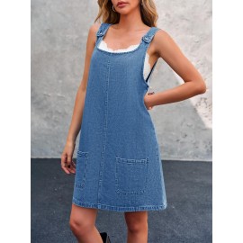 Vestido de Denim Vintage Sem Mangas para Mulheres - Corte Solto com Bolsos Laterais, Alças Ajustáveis & Acabamento em Renda, Vestuário Casual de Verão Lavável à Máquina, Vestidos de Denim, Moda do Dia a Dia, Design Clássico com Cinco Bolsos