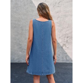 Vestido de Denim Vintage Sem Mangas para Mulheres - Corte Solto com Bolsos Laterais, Alças Ajustáveis & Acabamento em Renda, Vestuário Casual de Verão Lavável à Máquina, Vestidos de Denim, Moda do Dia a Dia, Design Clássico com Cinco Bolsos